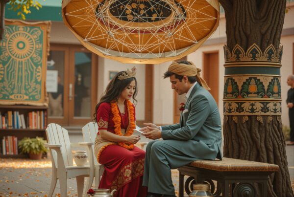 A couple in traditional attire sits under a decorative canopy during a cultural ceremony.