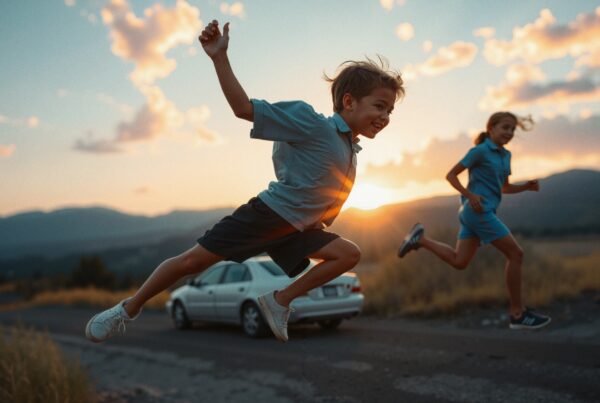Children leaping at sunset in nature.