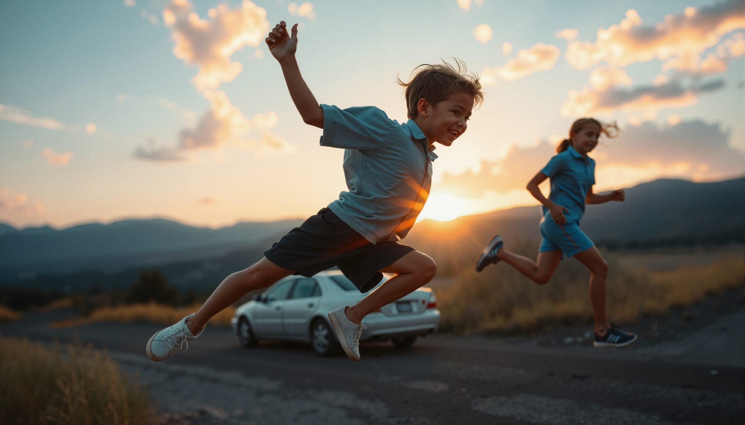 Children joyfully playing at sunset