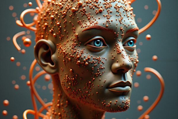 A futuristic digital portrait with orange spheres and fluid lines.