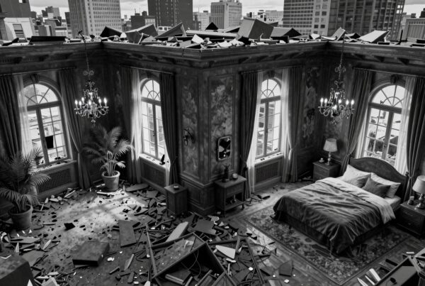 A monochrome room with scattered debris and detailed city view.