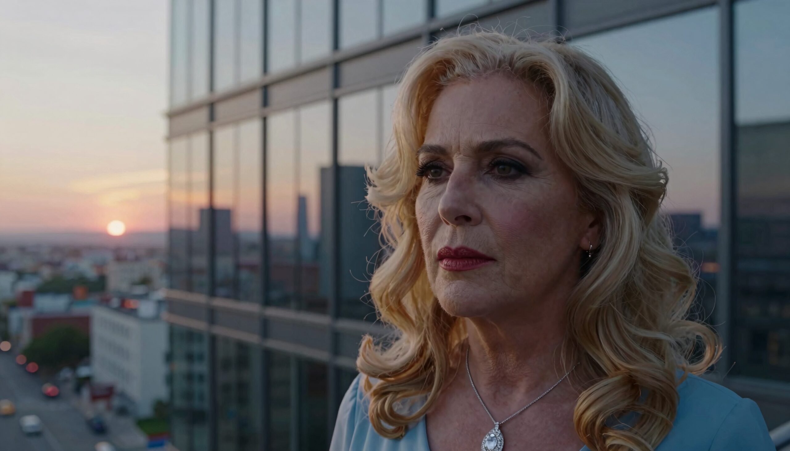 Pensive woman overlooking city sunset