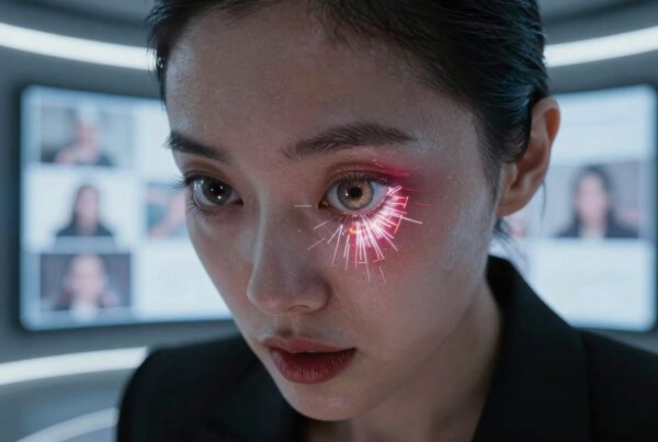 Close-up of a woman with a digitally enhanced eye in a futuristic, high-tech setting.