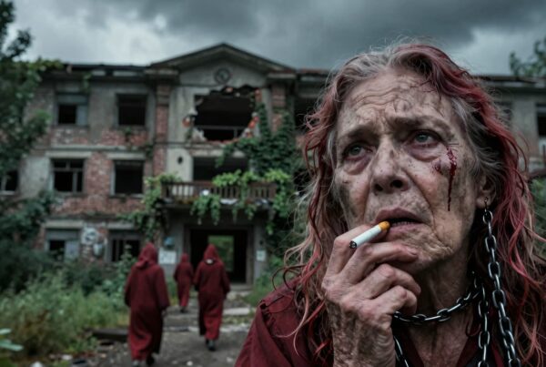An elderly woman smokes in front of a crumbling building with hooded figures approaching, creating a haunting, mysterious atmosphere.