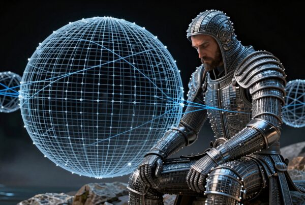 A futuristic knight in intricate armor contemplates beside floating, glowing spheres.