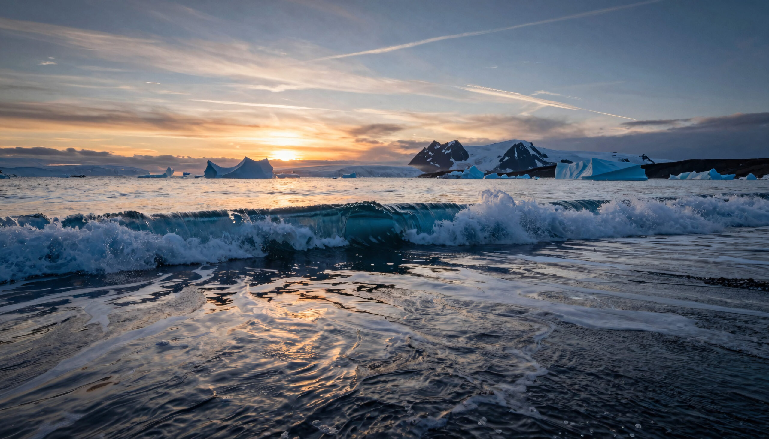 Antarctic Sunset with Icebergs