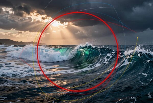 A powerful wave crashes under a golden sunset with artistic geometric lines and circles overlaying.