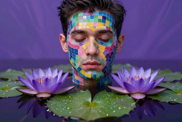 A person with a colorful mosaic face surrounded by purple water lilies on a serene water surface.