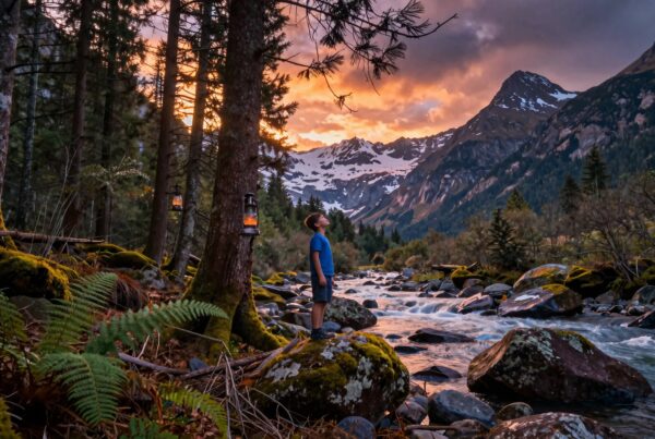 Boy standing on rock by a river at sunset, surrounded by forest and snowy mountains.