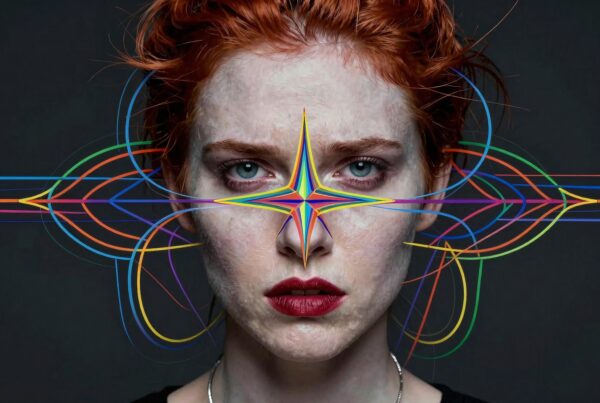 A person with bright red hair and intricate multicolored geometric patterns on their face against a dark backdrop.