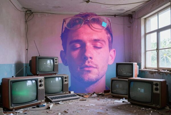 An abandoned room with vintage TVs and a projected contemplative face.
