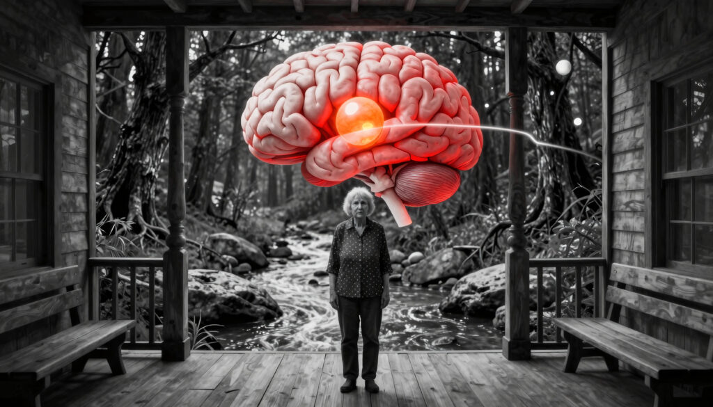 Glowing Brain Suspended Above Elderly Woman on Cabin Porch - Sur
