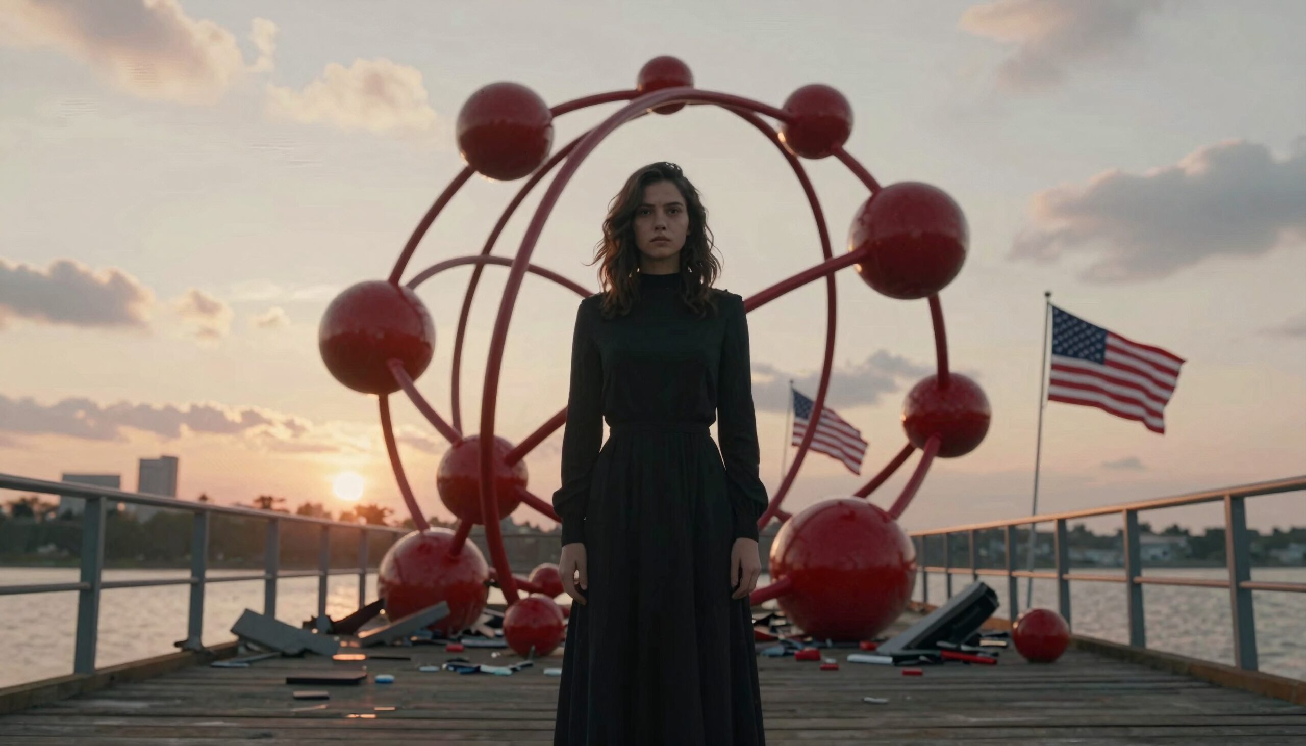 Woman by Red Abstract Sculpture