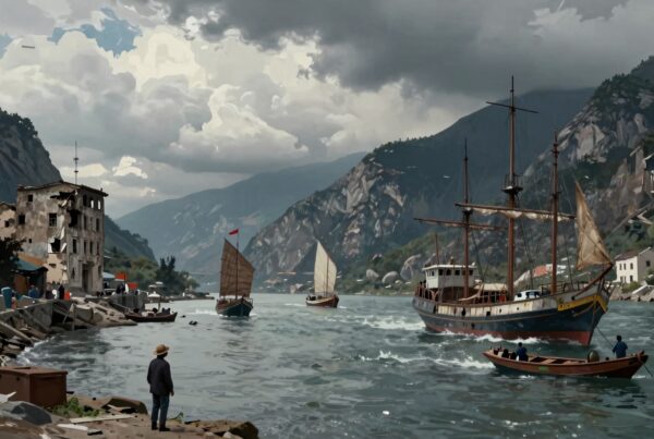 A bustling harbor scene with boats and mountains under dramatic clouds.