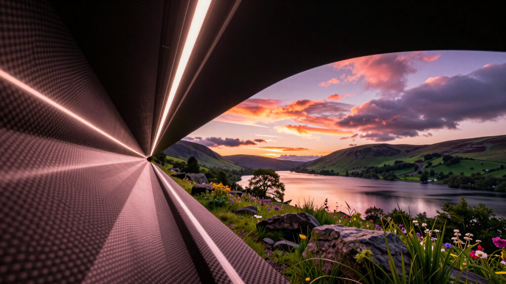 Modern Structure Framing Sunset Over Mountain Lake