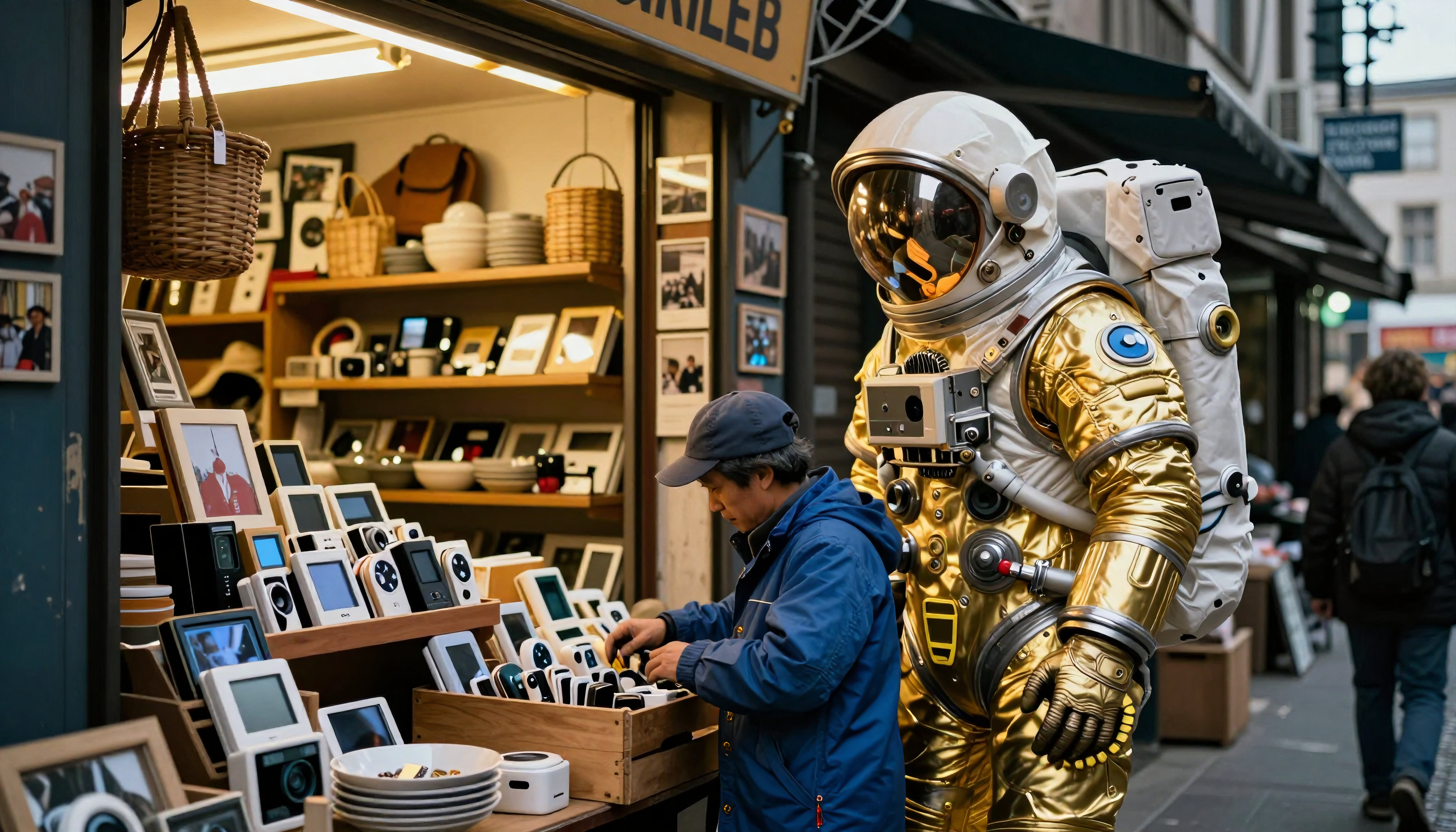 Astronaut in gold suit beside vintage camera shop