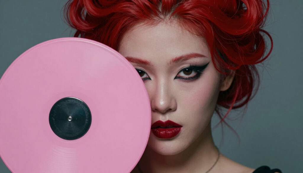 Red-Haired Model Holding Pink Vinyl Record Close-Up Studio Portr