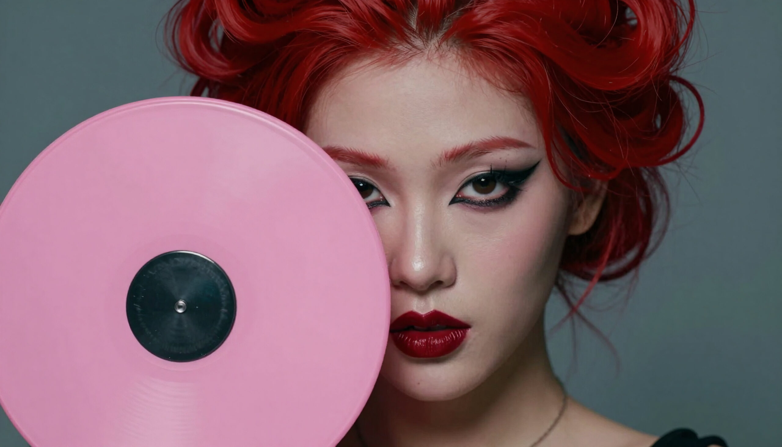Red-Haired Model Holding Pink Vinyl Record