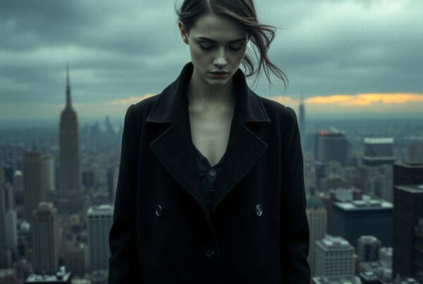 Woman in dark coat on rooftop with city skyline and cloudy sunset backdrop.