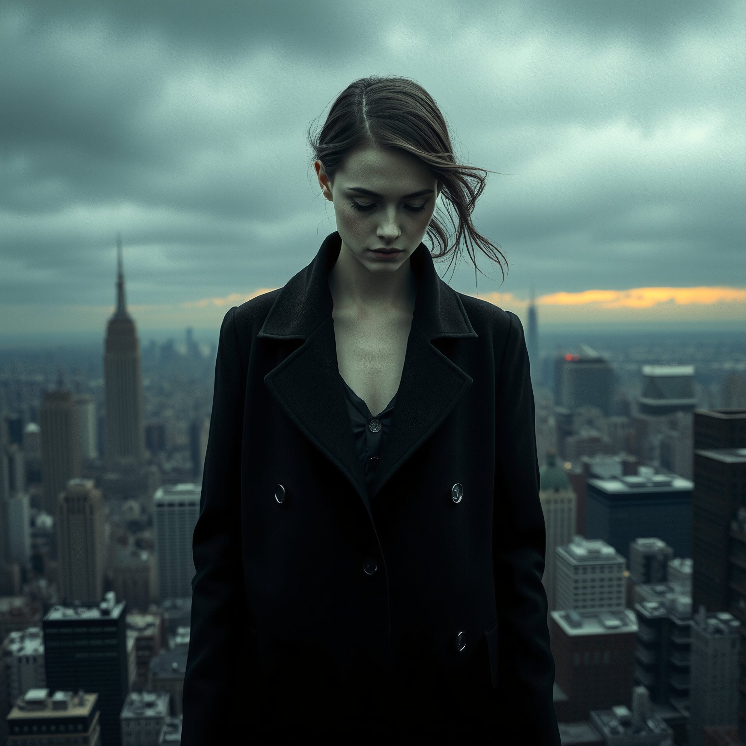 Pensive solitude on city rooftop