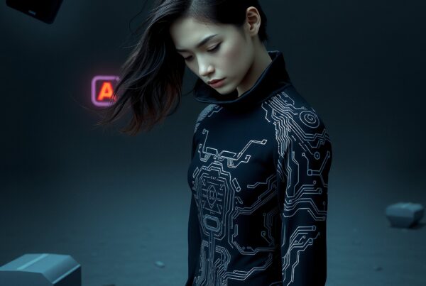 A woman in futuristic attire with circuit patterns stands in a moody, tech-inspired setting, illuminated by a neon sign.