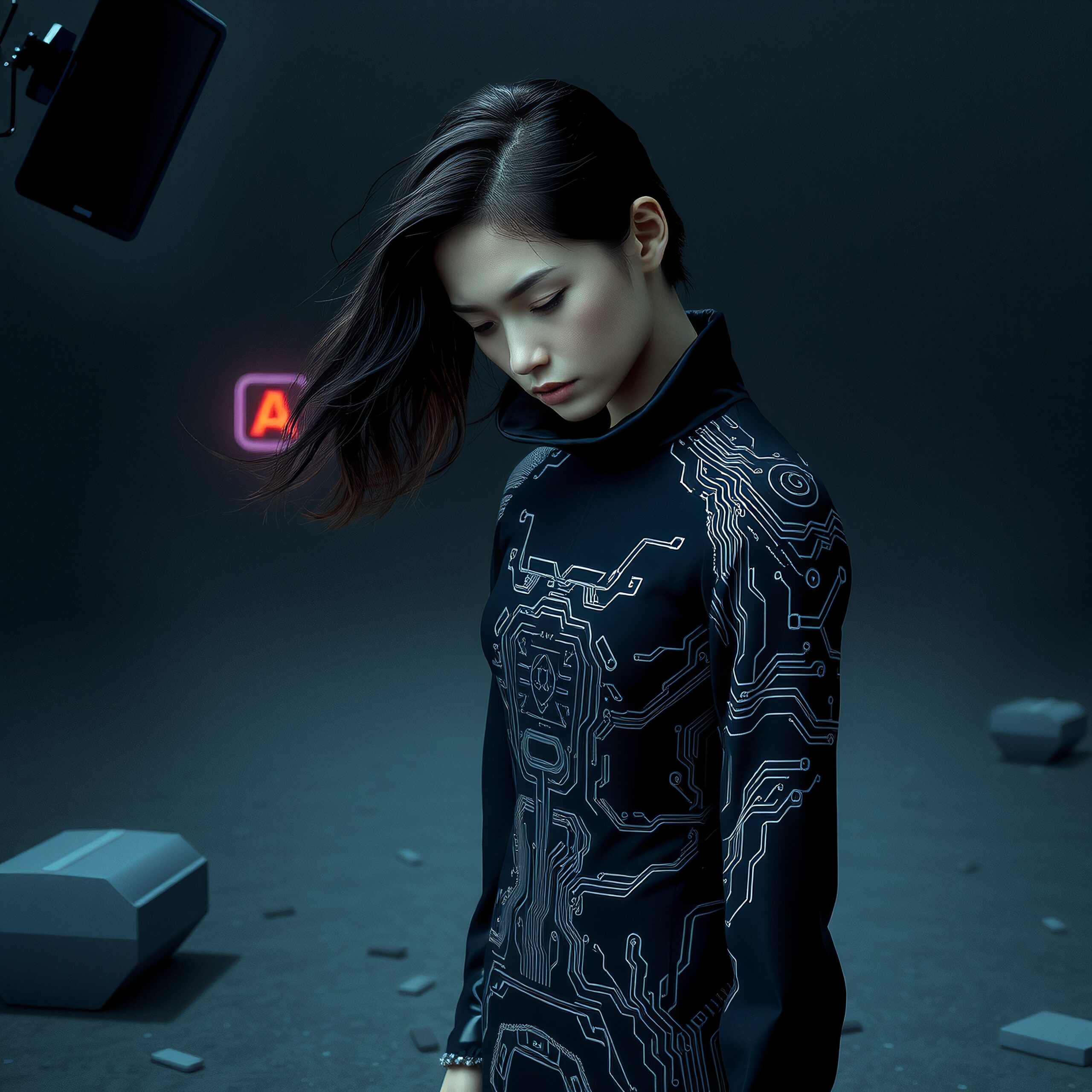 Futuristic Woman in Circuit Attire