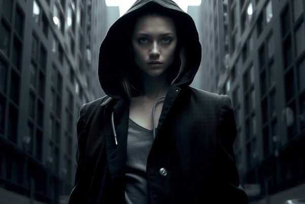 Woman in hoodie standing alone in dim urban alleyway looking directly at camera with intense gaze
