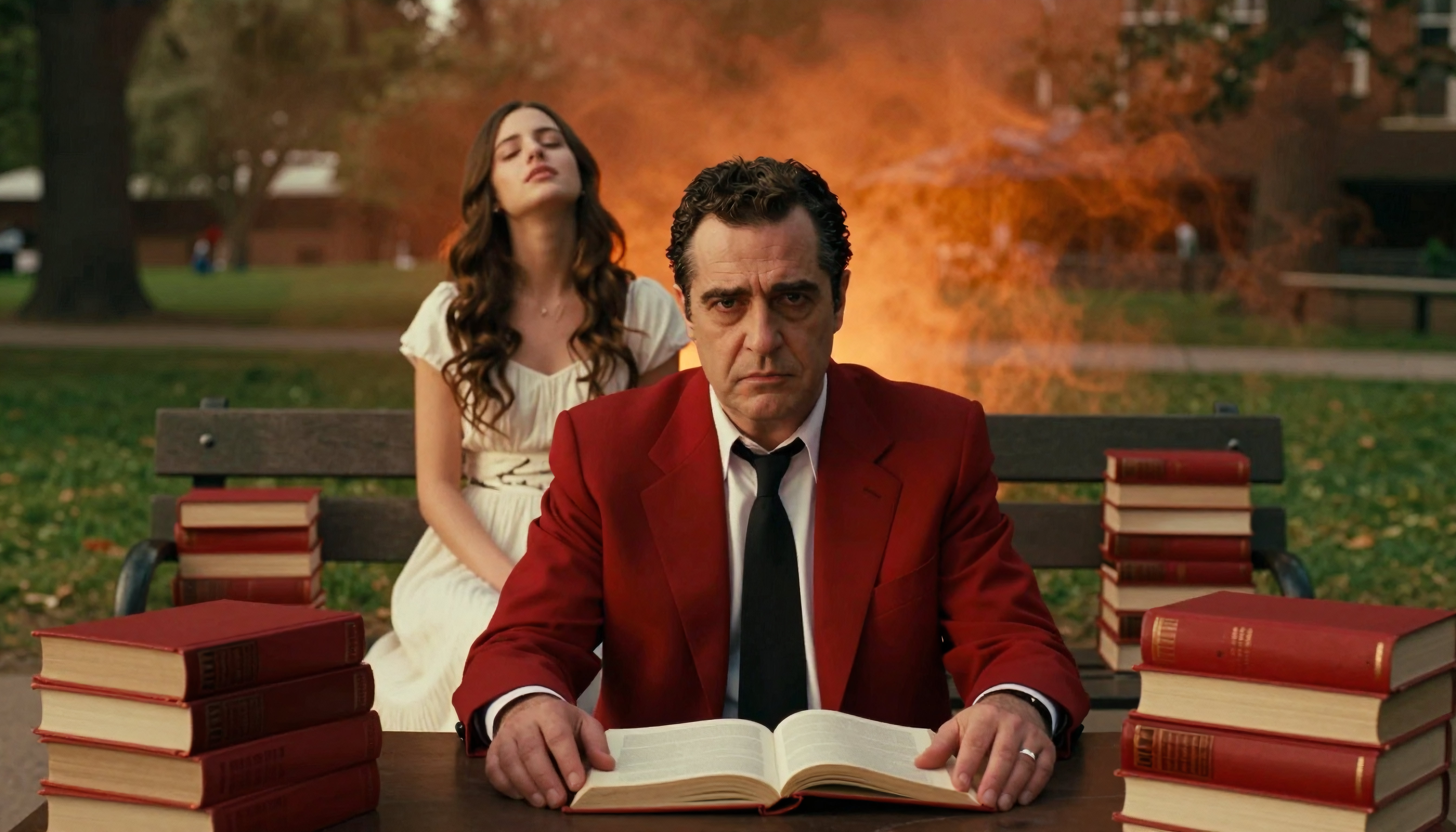 Man in red suit reading book with woman in white dress