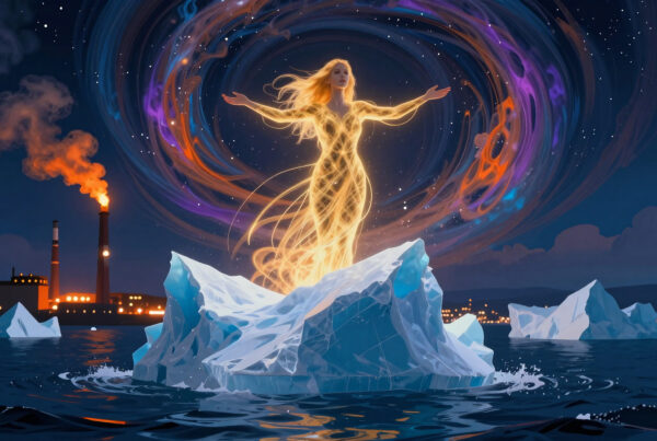 Goddess standing on floating glacier under magical aurora during nighttime near polluted cityscape