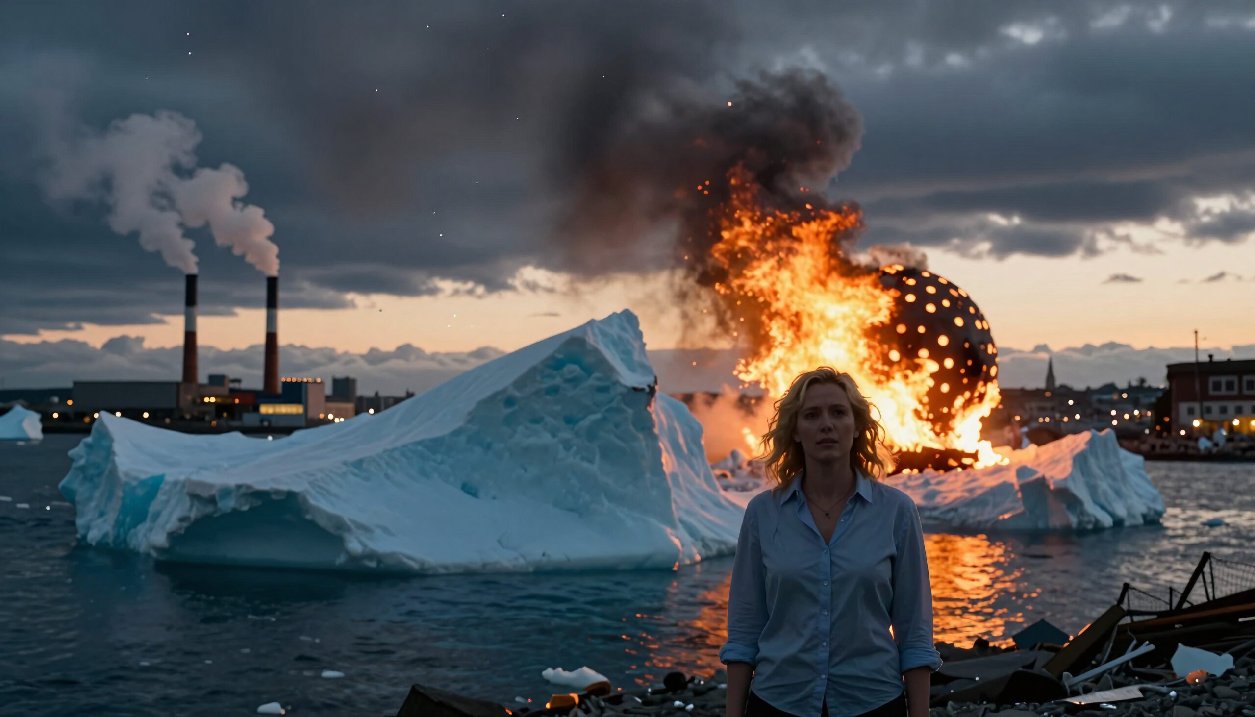 Woman standing by melting ice and fire