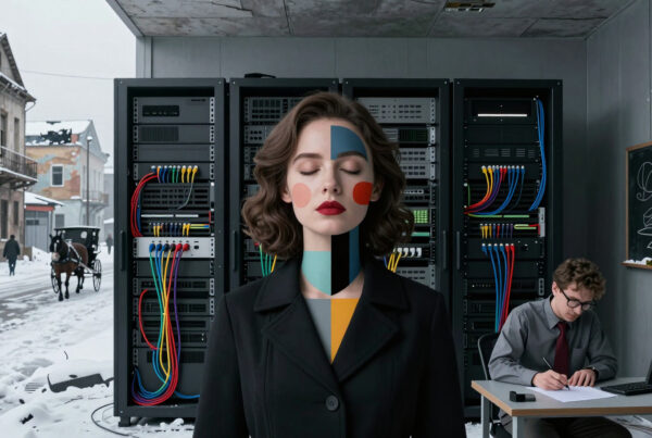 Woman standing before servers blending tech and vintage streetscape