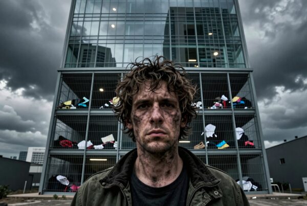 A rugged man stands solemnly in front of a modern glass building under a dark, stormy sky.