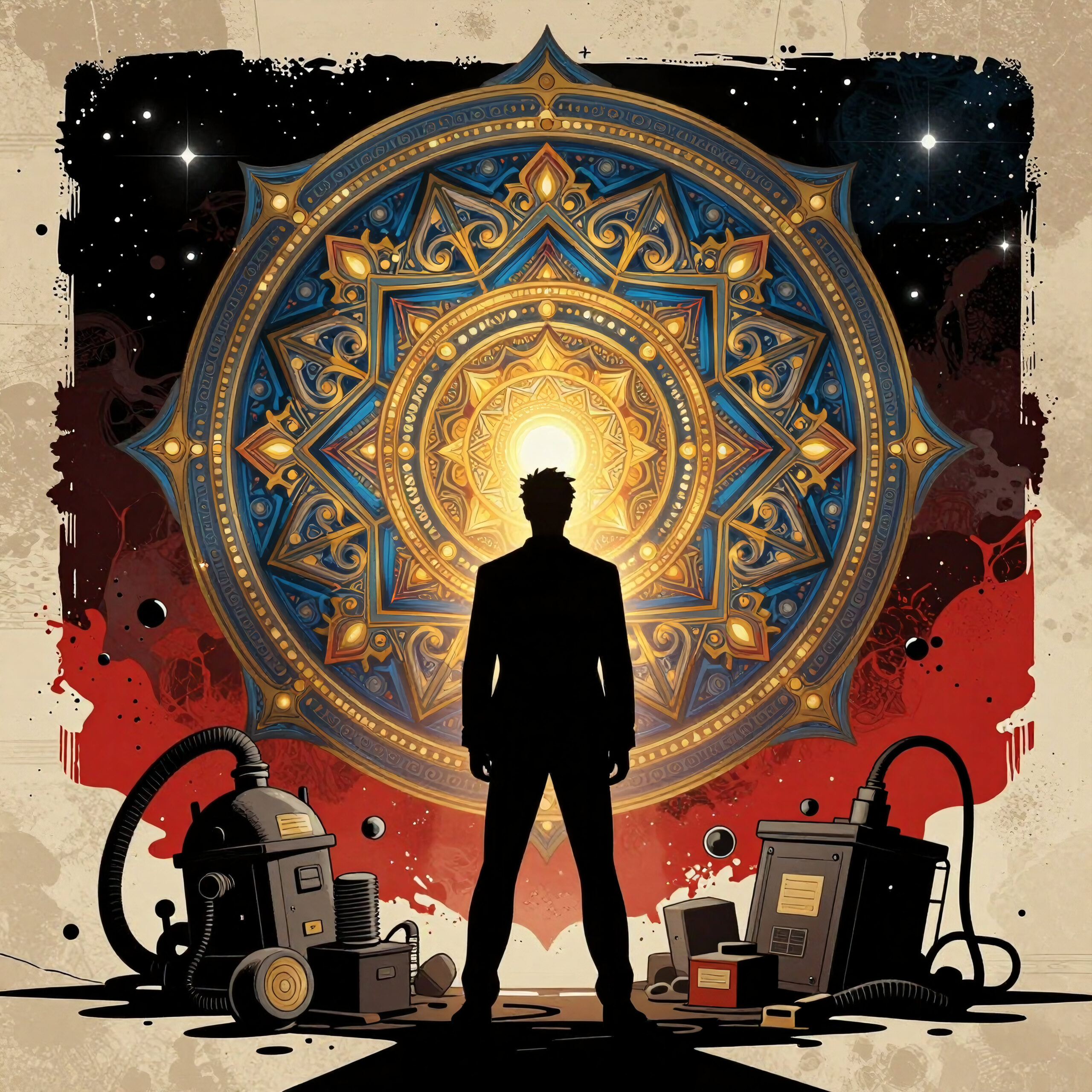 Mystical Silhouette Under Cosmic Mandala