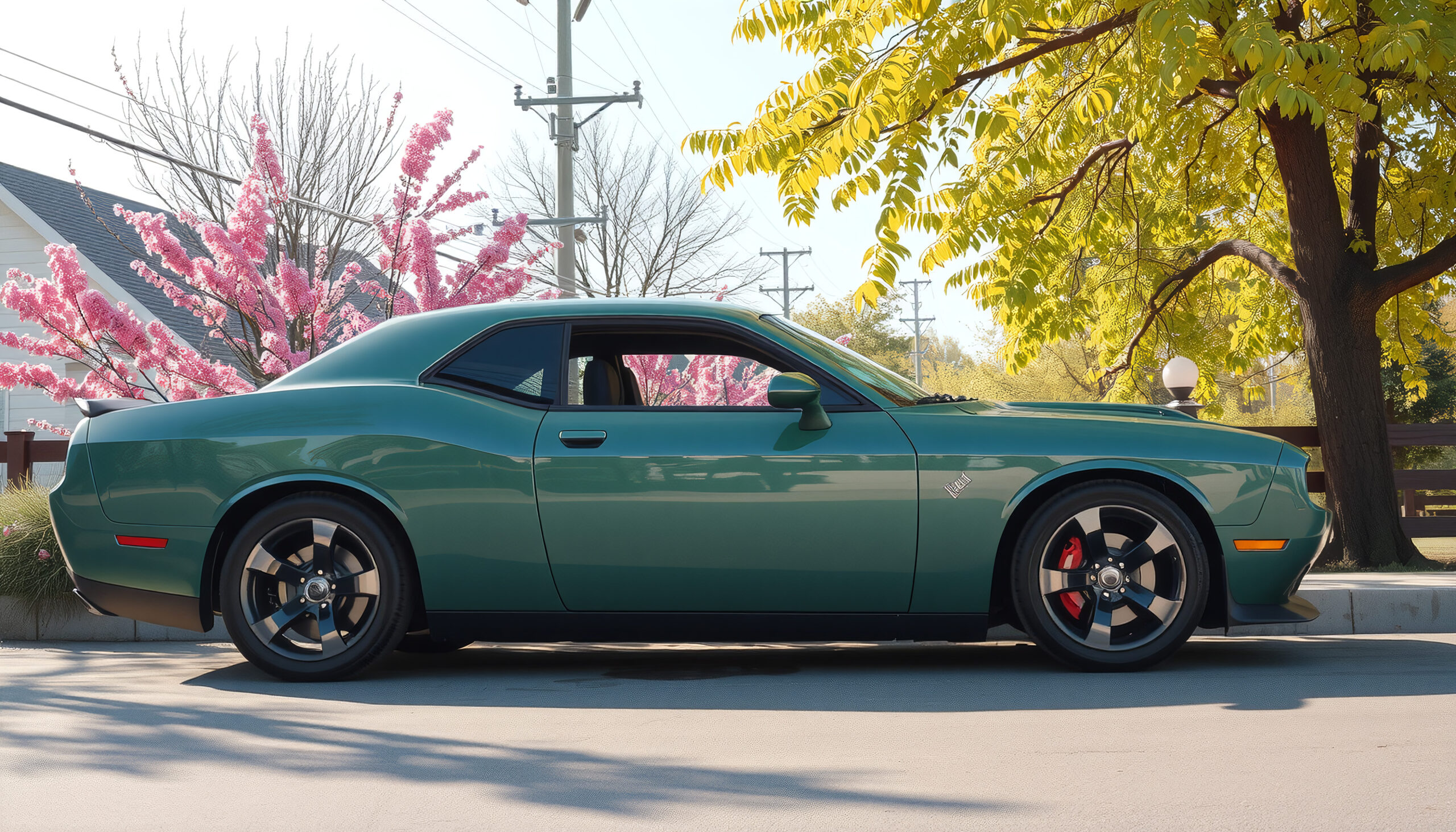 Green Muscle Car Under Spring Blossom