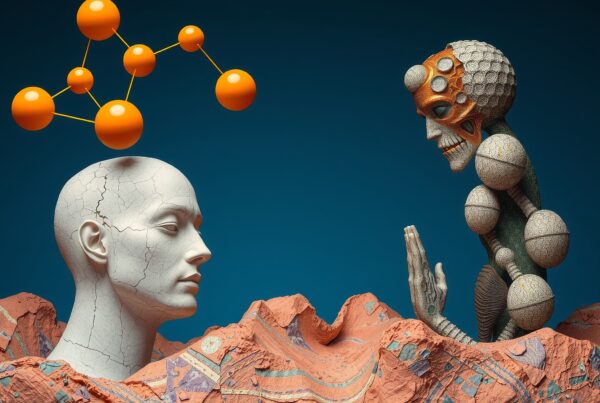 Surreal image depicting abstract humanoid figures in a vibrant landscape with molecular elements.