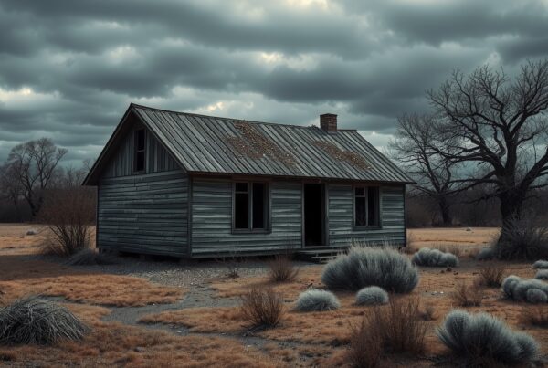 A weathered, wooden house in a desolate landscape with stormy skies.