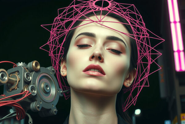 Woman wearing cybernetic helmet surrounded by neon-lit futuristic cityscape during nighttime featuring intricate mechanical devices and glowing pink energy lines connecting to her head