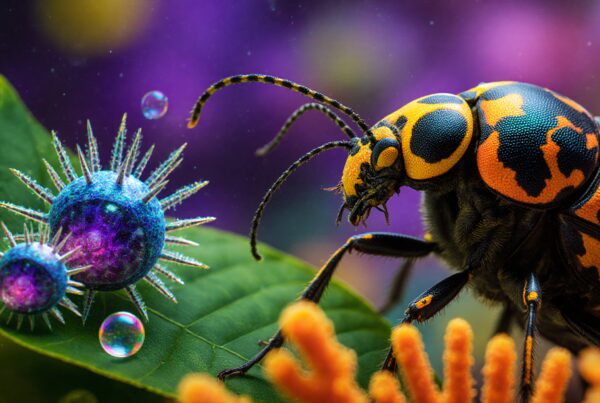 Macro shot of a colorful beetle on a green leaf surrounded by exotic, glowing alien spheres in a vivid otherworldly setting.