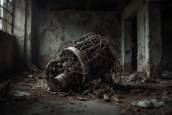 Abandoned Factory Engine Covered In Rust And Wires Inside Decayed Industrial Building