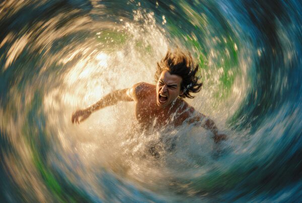 Man caught in swirling water vortex, expressing determination.