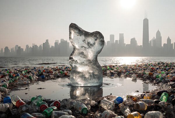 Melting ice sculpture surrounded by plastic bottles on a city beach.
