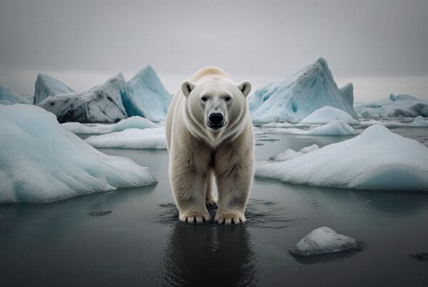 A polar bear stands on icy waters, surrounded by large looming icebergs under a gray sky.