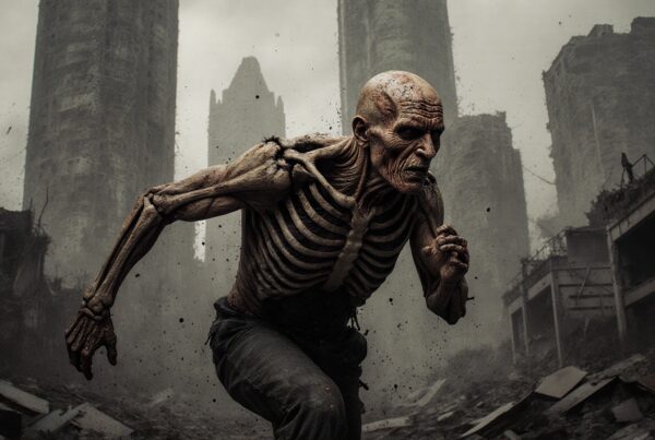 A skeletal figure runs through a post-apocalyptic cityscape with crumbling skyscrapers in the background.