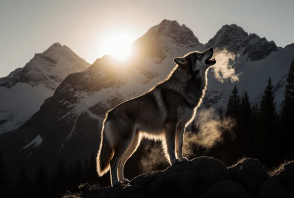 A wolf howling at sunrise against snow-capped mountain backdrop.