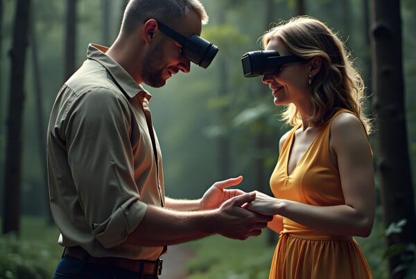 A couple wearing VR headsets in a serene forest, holding hands and smiling, blending technology with nature.