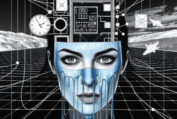 Surreal futuristic face with blue paint and digital elements.