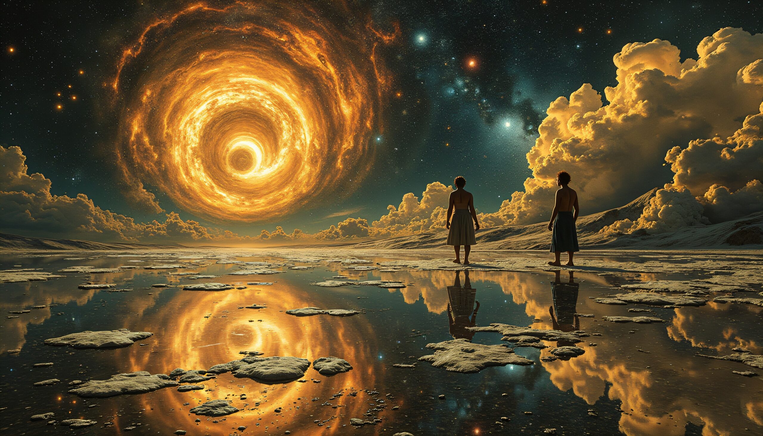 Journey Beneath Cosmic Vortex Sky