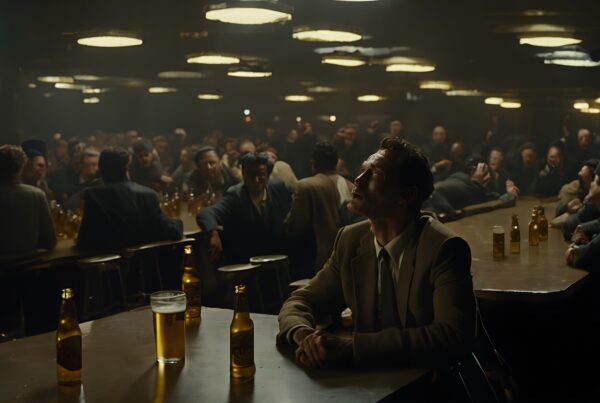 A busy, vintage bar with patrons.