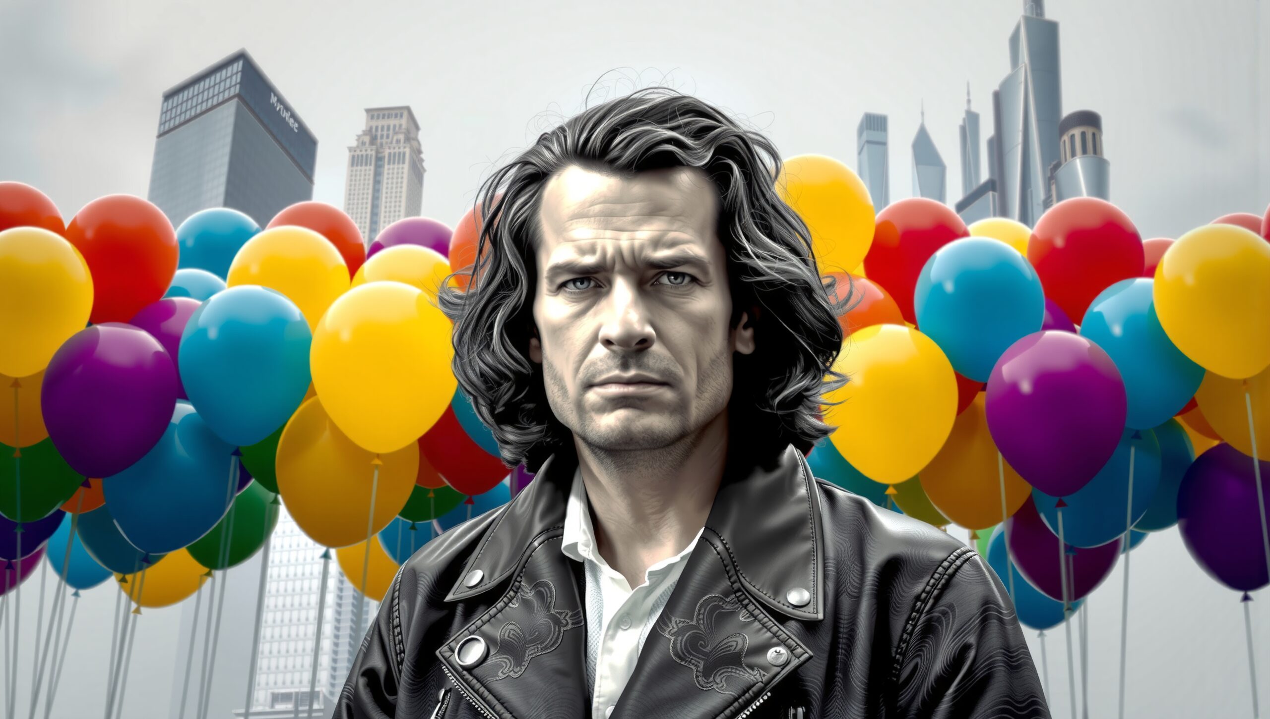 Man in Leather Balloons Cityscape