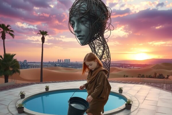 A young girl walks with a bucket past a pool under a vivid sunset sky, alongside a large wire sculpture.